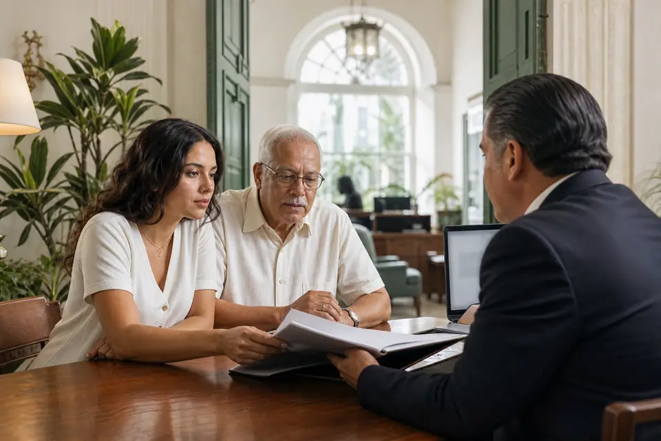 Hija y padre conversan con una empleada bancaria sobre unos documentos.