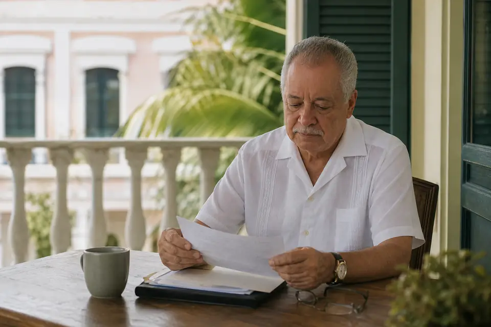 Señor mayor repasa sus notas en un balcón para planificar su testamento.