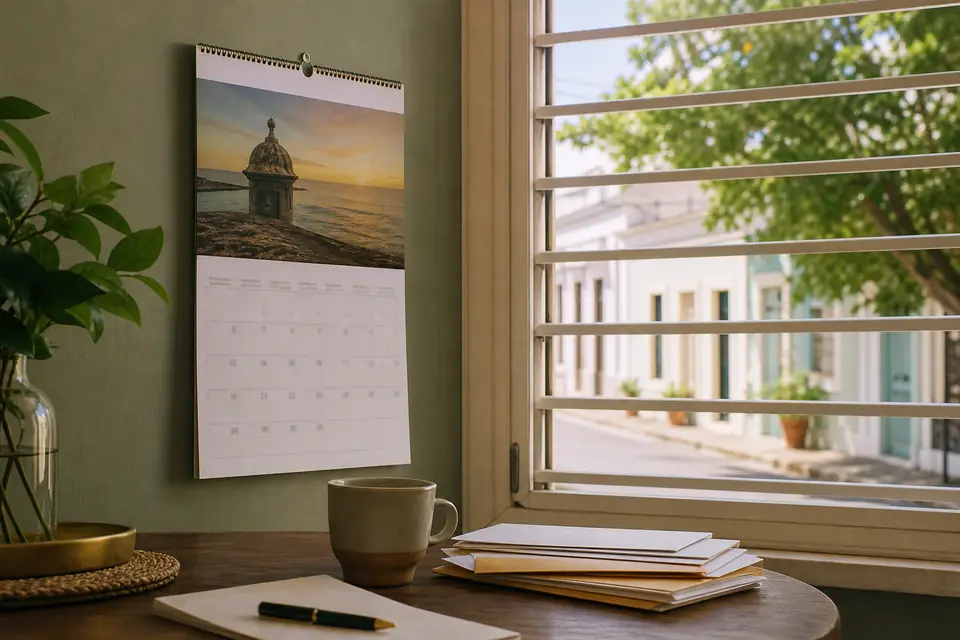 Calendario de pared, café y sobres ordenados sobre una mesa en el hogar.