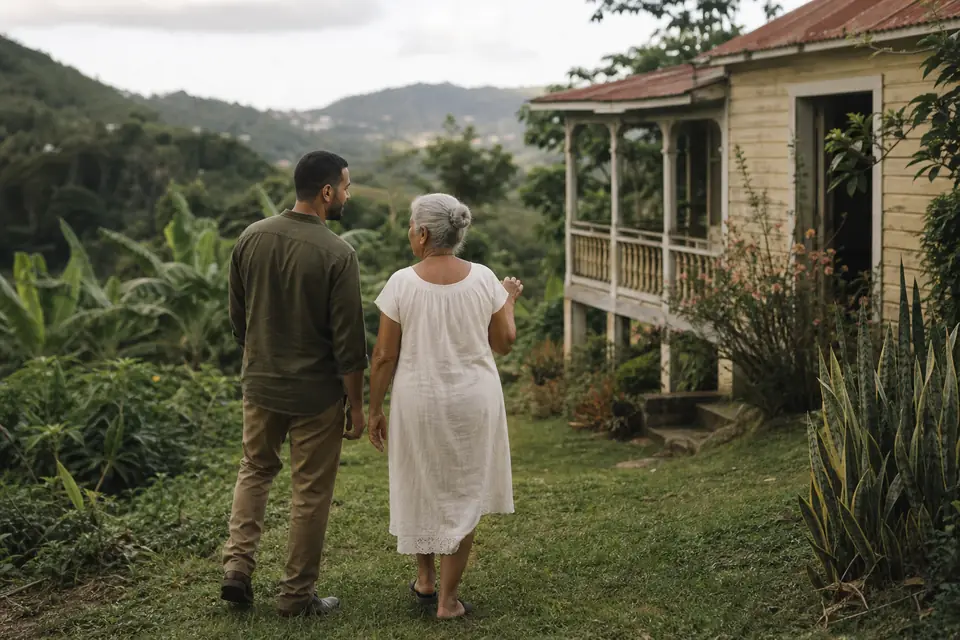 Abuela y nieto caminan por una finca familiar en Utuado hacia una casa antigua