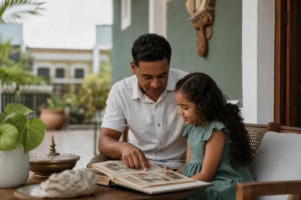 Padre y su hija pequeña miran un álbum de fotos familiar en un balcón de Ponce