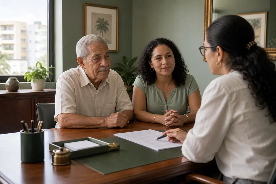 Abuelo y nieta escuchan con atención en una oficina notarial de Hato Rey