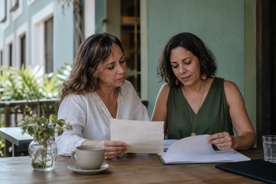 Dos hermanas comparan documentos de herencia en un café del Viejo San Juan