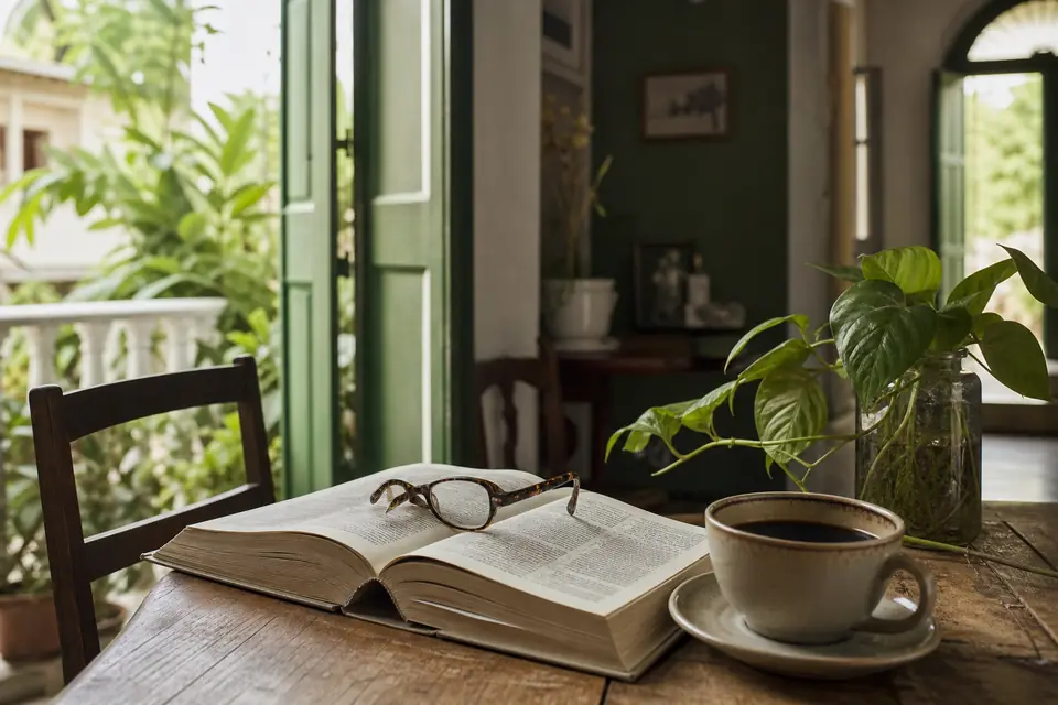 Diccionario abierto con espejuelos y una taza de café sobre una mesa.