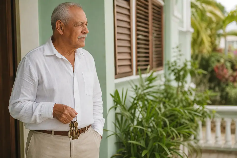 Señor viudo sostiene unas llaves en el balcón de su casa en Ponce