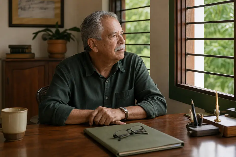 Señor mayor reflexiona frente a una carpeta cerrada en su escritorio junto a la ventana