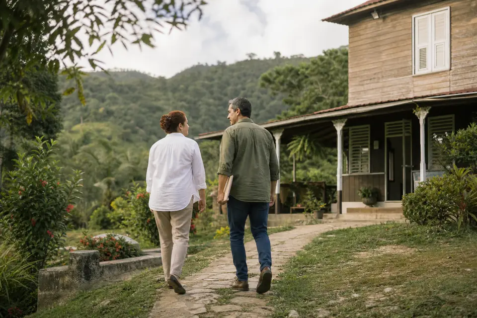 Dos hermanos adultos caminan hacia la antigua casa de la familia en Utuado