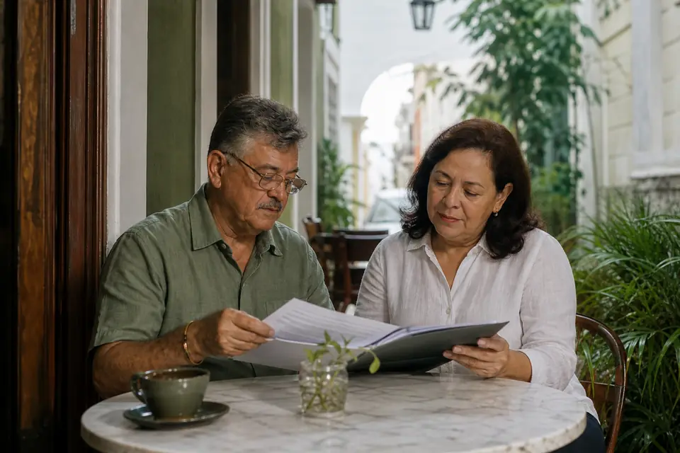 Pareja de sesenta años revisa documentos en una mesa de café en el Viejo San Juan