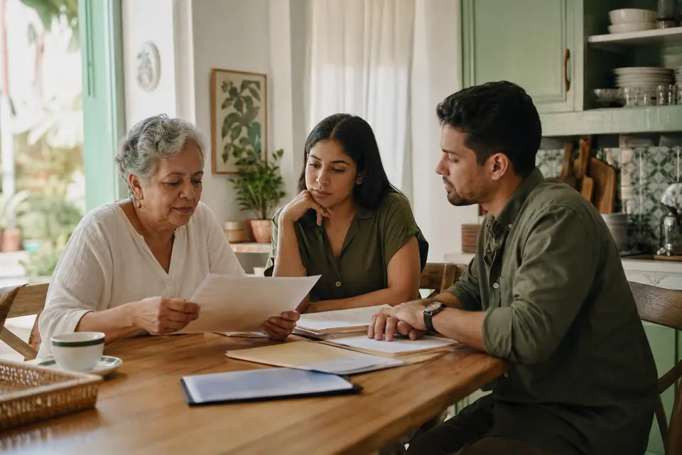 Madre y dos hijos adultos revisan documentos familiares en la mesa de la cocina
