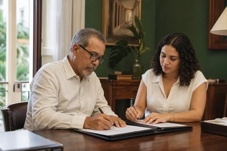 Padre mayor y su hija adulta firman documentos en una oficina de notaría