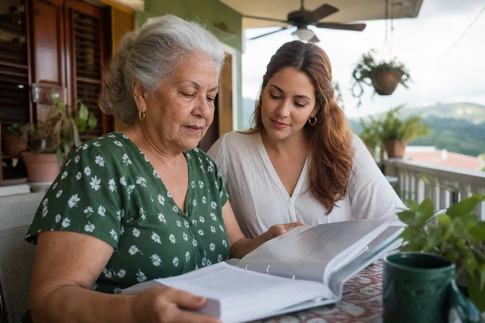 Abuela y nieta adulta revisan juntas una carpeta en un balcón de Caguas