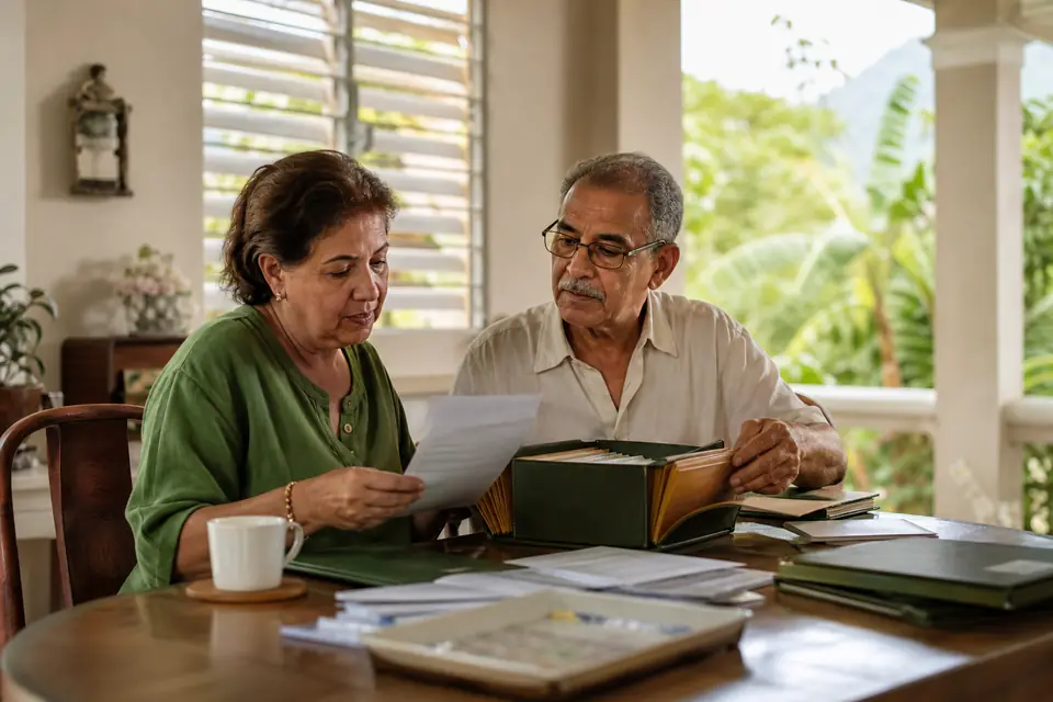 Pareja mayor organiza carpetas de documentos familiares en la mesa de su cocina