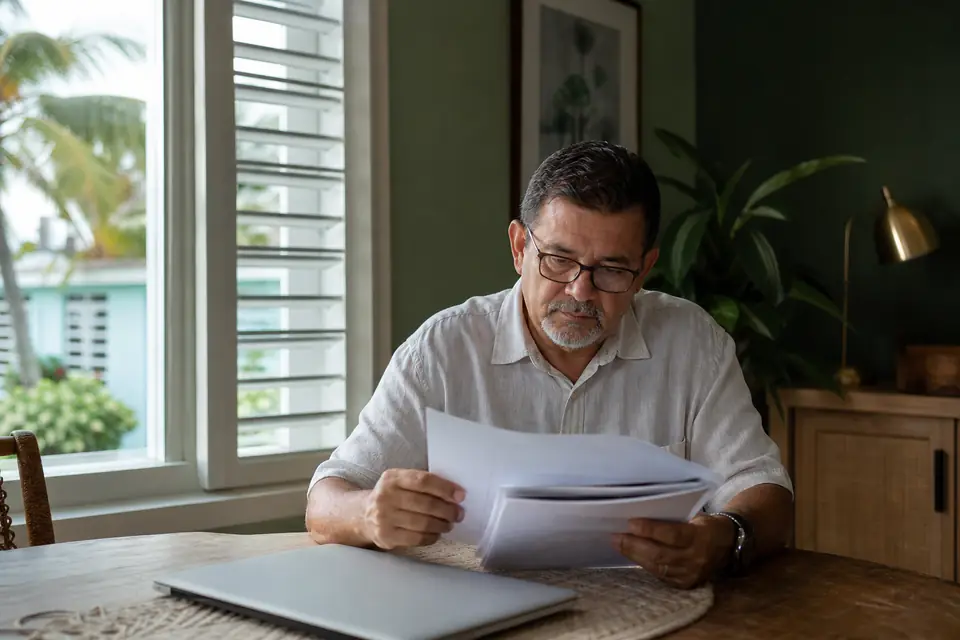 Hombre de mediana edad revisa documentos de seguro en su escritorio
