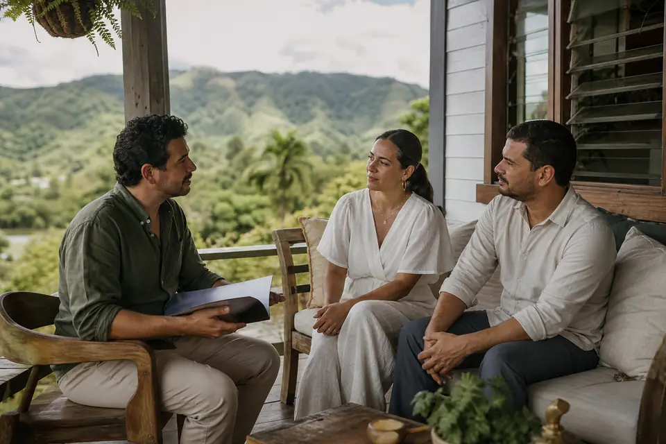 Tres hermanos adultos conversan en el balcón de la casa familiar en el campo.