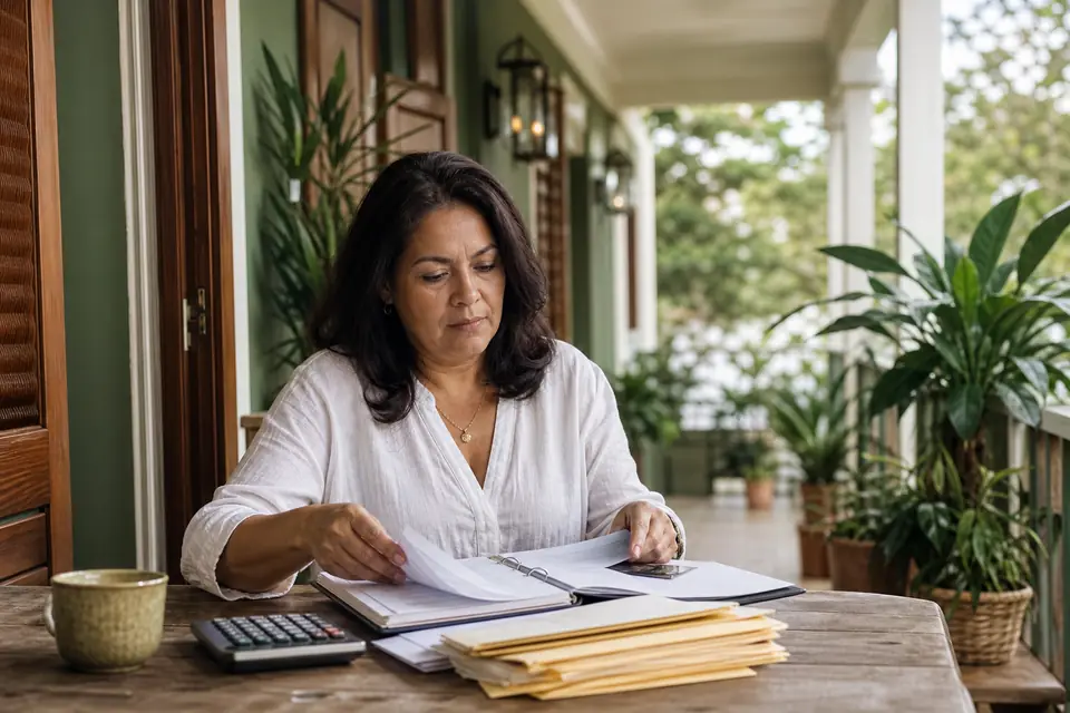 Mujer organiza una carpeta de documentos con calculadora en un balcón de Caguas