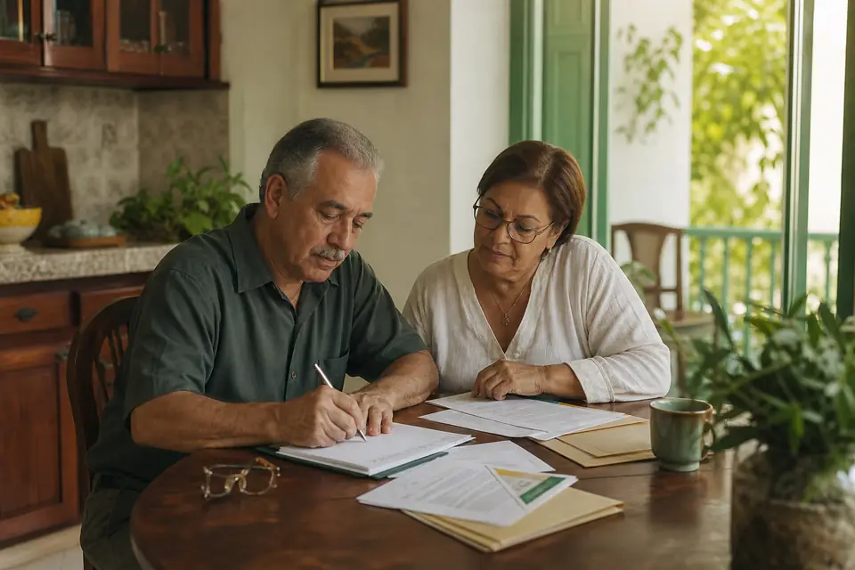 Pareja mayor organiza carpetas y documentos de la casa en la mesa de la cocina