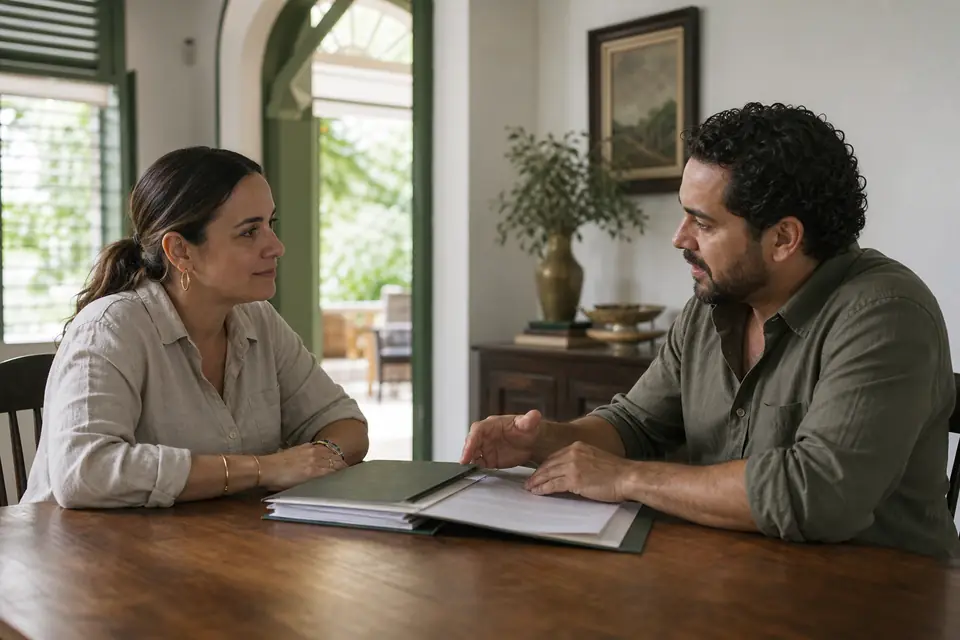Dos hermanos adultos conversan con calma frente a una carpeta de documentos