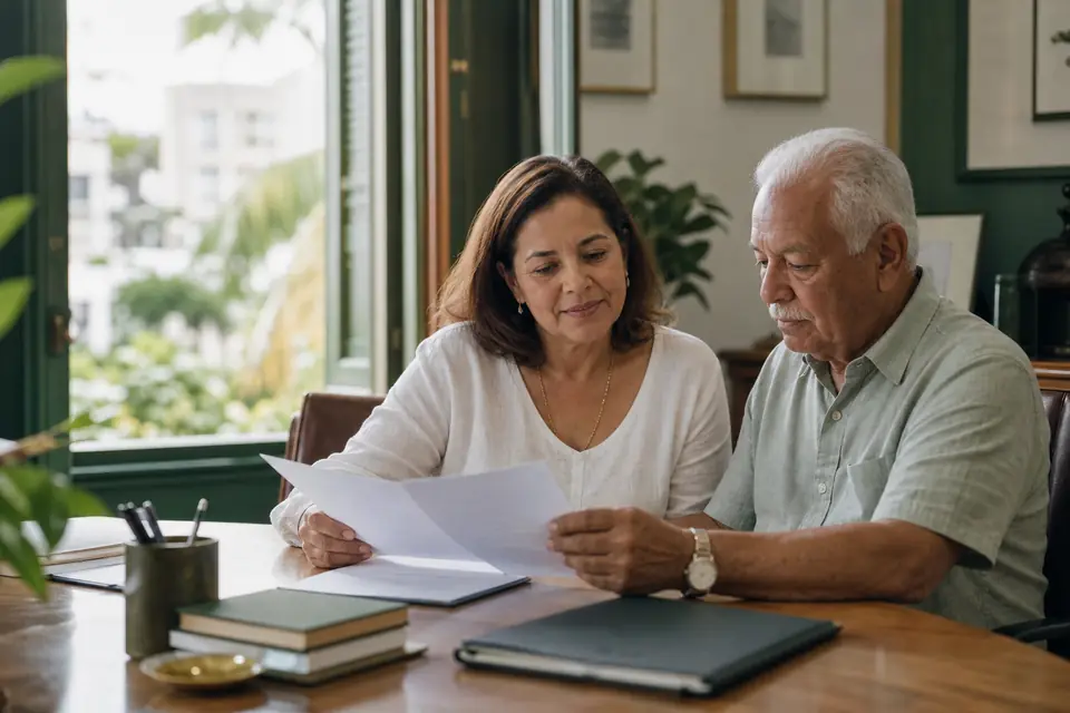 Mujer y su padre mayor revisan un documento en una oficina notarial de Hato Rey