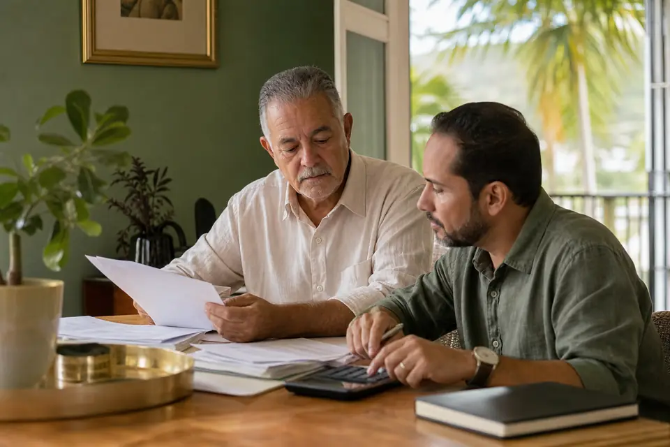 Hombre y su contable revisan papeles contributivos en una oficina de Caguas