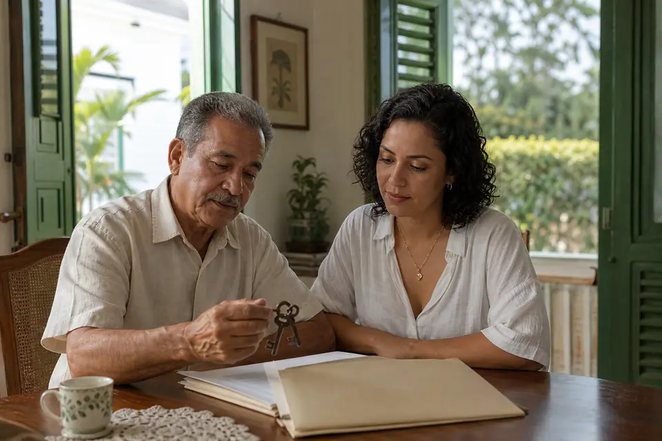 Padre y su hija revisan documentos de una casa heredada en la mesa del comedor