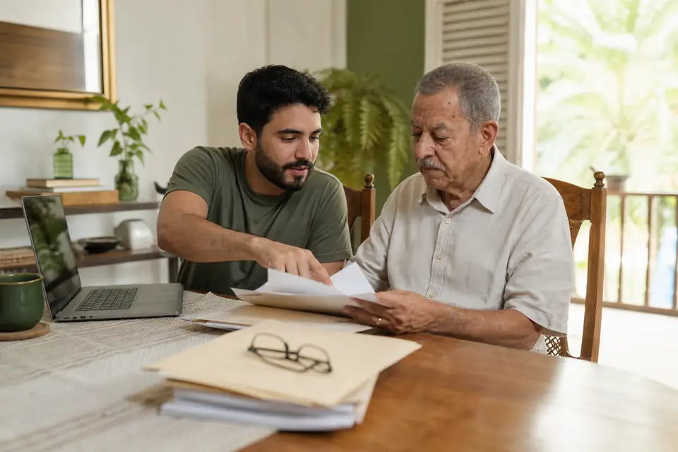 Un joven ayuda a su padre mayor con documentos y una computadora portátil