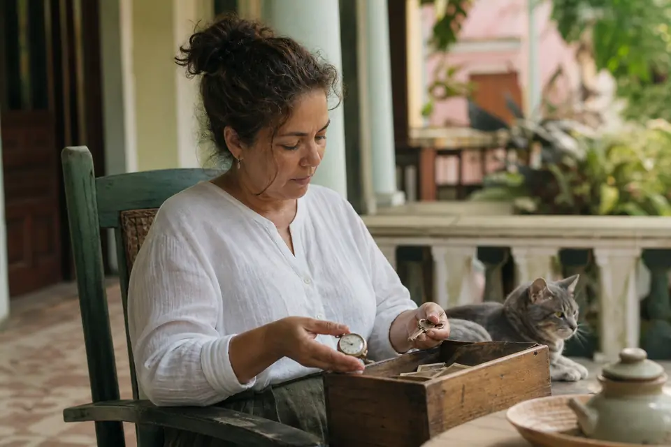 Mujer en un balcón de Ponce ordena recuerdos familiares junto a un gato